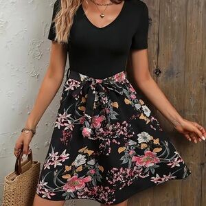 Floral & Black Knee Length Dress